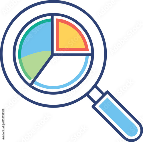  An icon of a magnifying glass over a pie chart, representing data analysis and business intelligence, flat icon style.