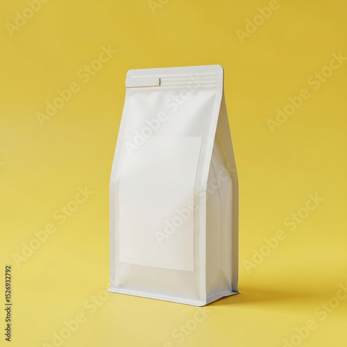 A blank white stand-up pouch with a prominent label area is angled on a bright yellow background.
