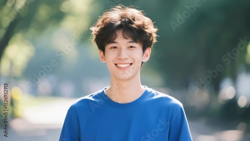 A young curly-haired Asian man smiling