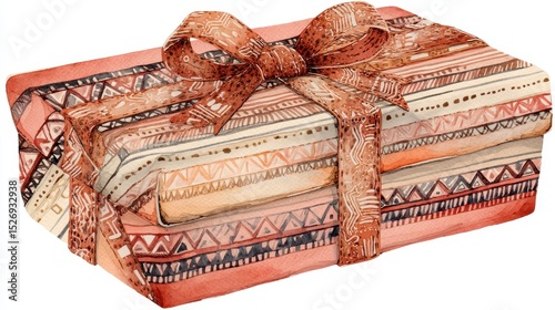 Boho Christmas Gift Watercolor Clipart of Wrapped Present with Tribal Pattern