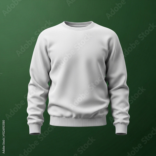 A pristine white crew-neck sweatshirt is presented head-on against a deep forest green background with a subtle vignette.
