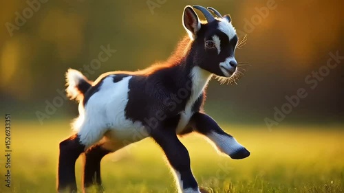Adorable Baby Goat Running Freely On Sunny Green Field At Golden Hour
