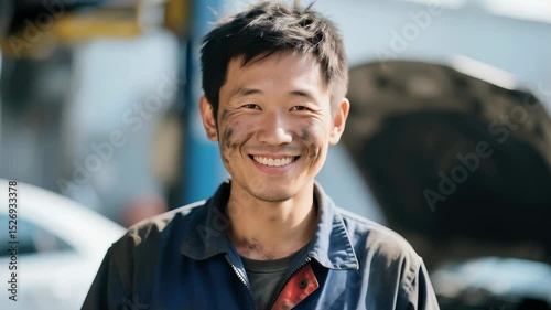 A young Asian car mechanic smiling
