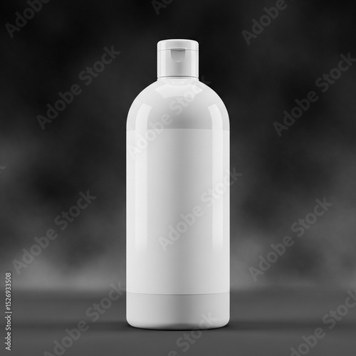 A sleek, white cylindrical bottle with a flip-top cap stands amidst white smoke against a dark background.
