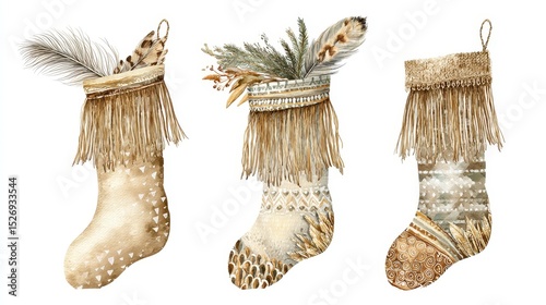 Boho Christmas Stockings Watercolor Clipart with Fringe