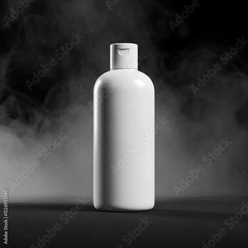 A sleek, white cylindrical bottle with a flip-top cap stands amidst white smoke against a dark background.
