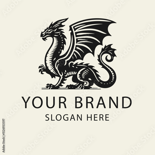 Sleek black and white flat vector logo illustration of a dragon, perfect for a modern brand, gaming team, or mythical design project.