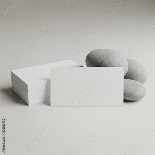 A stack of white cards with one upright, surrounded by smooth grey stones, against a plain light beige background.
