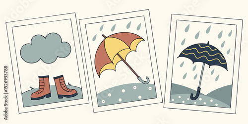 Set of illustrations and frames of rainy days and rainy season Umbrella Decoration Decoration Rainy day Rain goods Weather Rain clouds