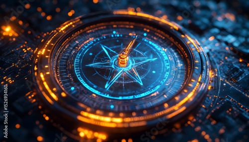 Wallpaper Mural Digital compass with glowing lines, particles. Tech concept, navigation, direction visualization. North, east, south, west directions, futuristic design. Abstract illustration, modern tech innovation. Torontodigital.ca