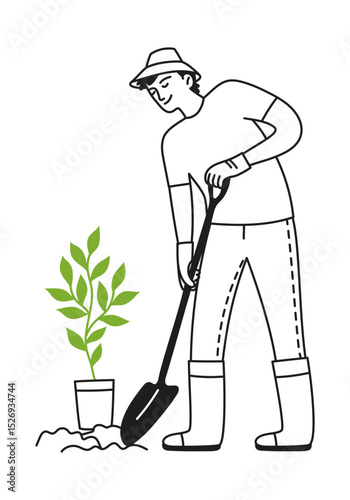 Man with a shovel works in the garden, plants a plant, takes care of plants. Caring for nature. Gardening. Ecology. Vector illustration doodle