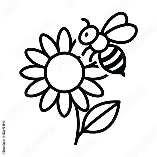 Bee on Sunflower: A simple line drawing of a bee pollinating a sunflower, symbolizing nature's harmony and the importance of pollination.