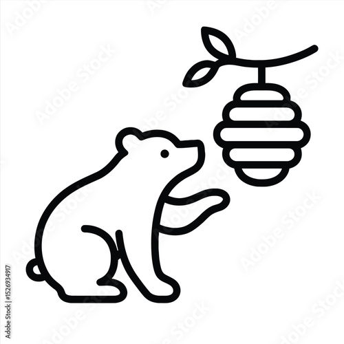 Curious Bear and Beehive: A charming outline illustration depicts a curious bear reaching towards a delectable beehive, set against a plain background.