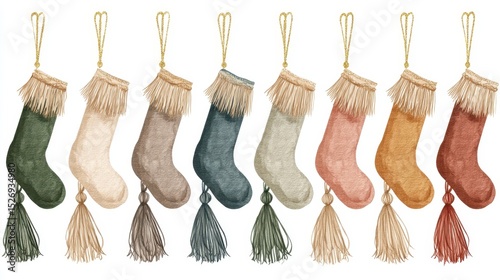 Boho Christmas Stockings Clipart Watercolor Tassel Designs