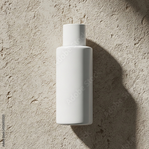 A top-down view of a minimalist white cylindrical bottle with a matching cap, resting on a textured light beige surface with harsh shadows.
