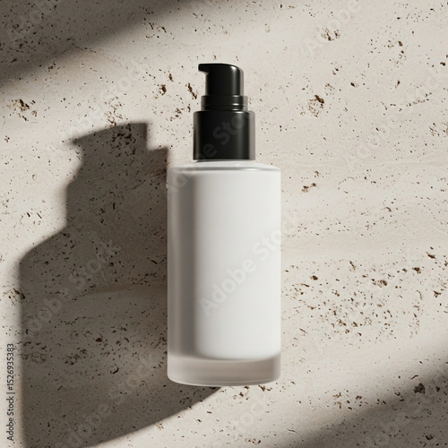 A top-down view of a minimalist white cylindrical bottle with a matching cap, resting on a textured light beige surface with harsh shadows.
