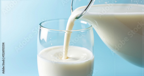 A high-resolution stock photo of fresh skim milk being poured into a glass, perfect for dairy product advertisements and health-focused content.