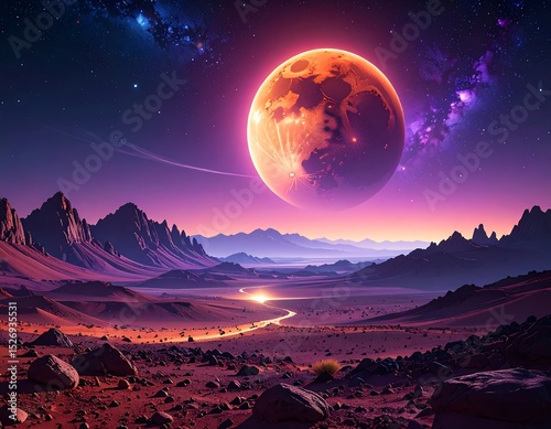 Alien landscape under a vibrant sunset