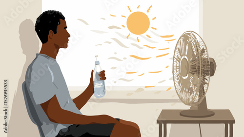 Young man sitting indoors, holding a bottle of water, facing a fan, with sunlight streaming through a window, illustrating the effects of a summer heat wave