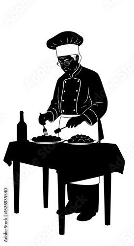 Elderly chef preparing food at a table on a white background