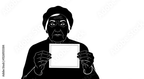 Elderly woman holding a blank card on a white background
