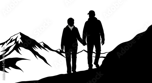 Elderly couple holding hands on a mountain top against a white background
