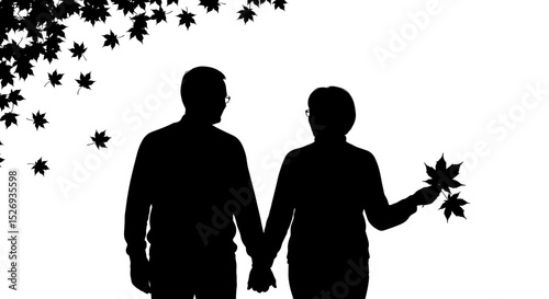 Elderly couple holding hands and enjoying autumn leaves on a transparent background