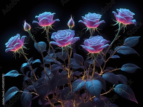 Ethereal Glowing Roses with Vibrant Purple, Blue, Orange, and Pink Hues, Radiant Inner Light, Translucent Blue-Green Leaves, Mystical Floral Arrangement on Dark Background in Kirlian Style Electrograp