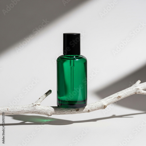 An emerald green glass bottle with a black cap rests on a textured tree branch against a stark, shadowed white background.
