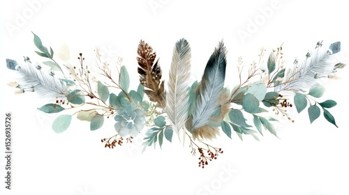 Bohemian Christmas Watercolor Floral Arrangement with Feathers