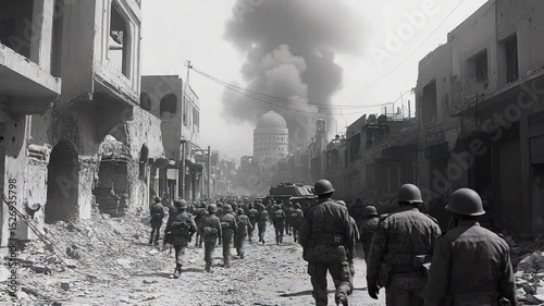 War-torn city street, soldiers marching through rubble