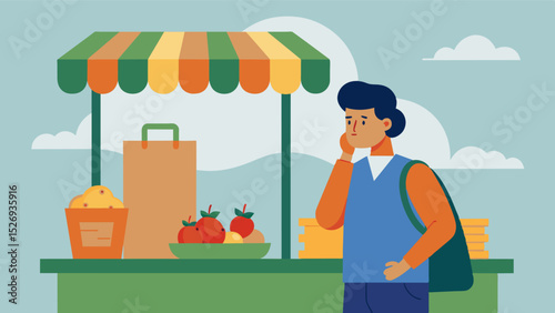 A customer at the market stall reluctantly puts back a bag of gs unable to justify the high price tag a common occurrence in the face of soaring food costs.. Vector illustration