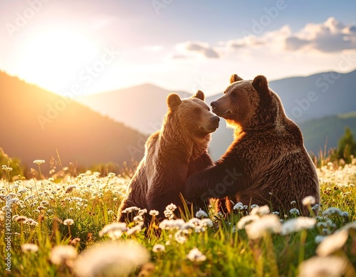 Two bears in a meadow at sunset
