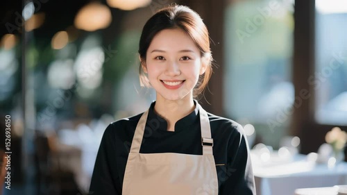 An elegant Asian waitress offers a warm smile.