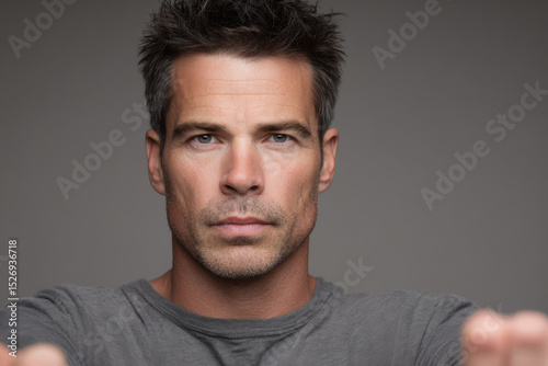 determined stuntman portrait positioned in upper right corner hands out of frame