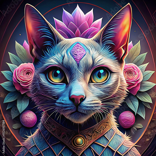  Mystical cat portrait, ethereal and enchanting, adorned with flowers and jewels.