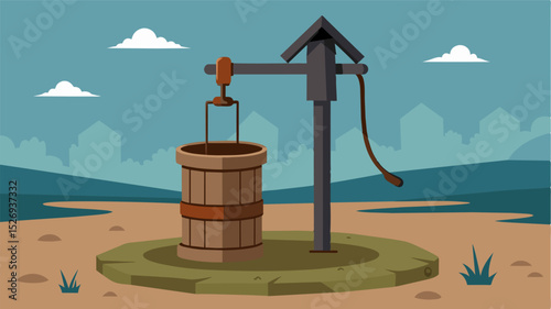 A hand pump stands abandoned its handle rusted from lack of use as the well its connected to has run dry.. Vector illustration