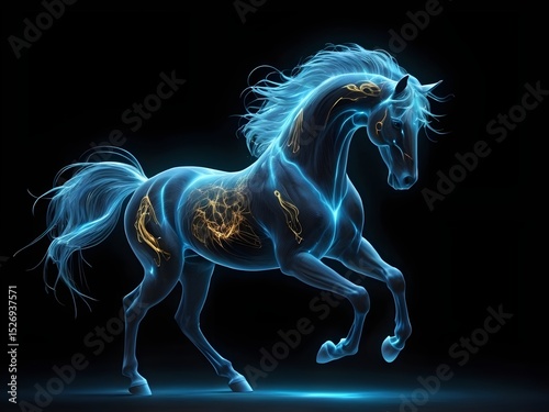 Ethereal Glowing Horse with Radiant Purple, Blue, Orange, and Yellow Colors, Translucent Body, Flowing Mane and Tail, Mystical Reflection on Dark Background, Fantasy Spirit Horse in Kirlian Electrogra