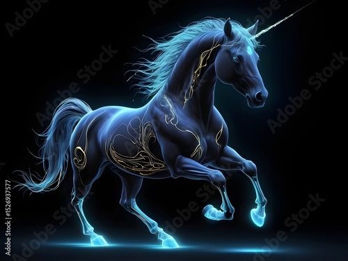Ethereal Glowing Horse with Radiant Purple, Blue, Orange, and Yellow Colors, Translucent Body, Flowing Mane and Tail, Mystical Reflection on Dark Background, Fantasy Spirit Horse in Kirlian Electrogra