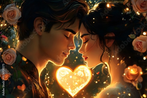 love glows between a romantic couple as a warm heartlight shines with intimacy, passion, and tender valentine affection