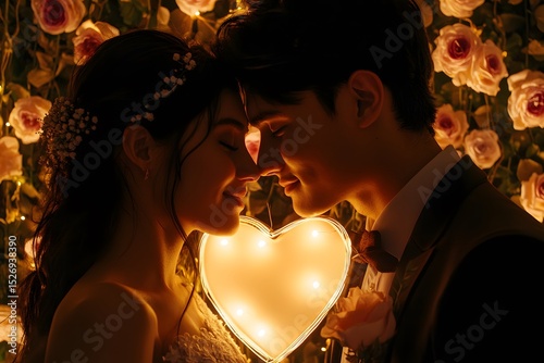 love glows between a romantic couple as a warm heartlight shines with intimacy, passion, and tender valentine affection