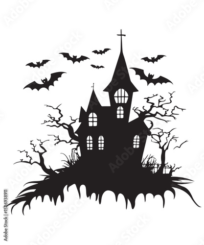 Halloween Haunted House Silhouette Art, Halloween Spooky Hunted House Silhouette Extravaganza