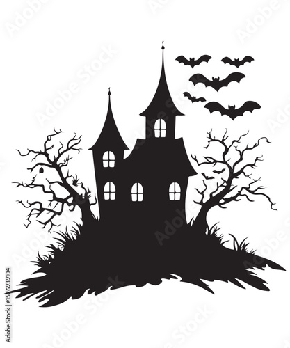 Halloween Haunted House Silhouette Art, Halloween Spooky Hunted House Silhouette Extravaganza