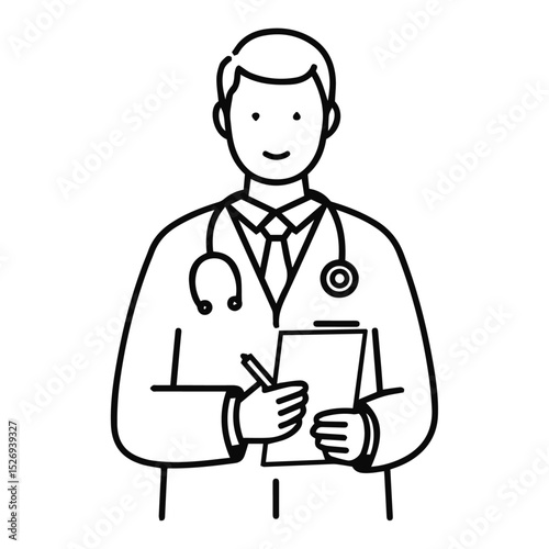 Professional Doctor Writing Prescription, Medical Consultation, Healthcare Illustration, Physician Note Taking, Outline Drawing of a Doctor