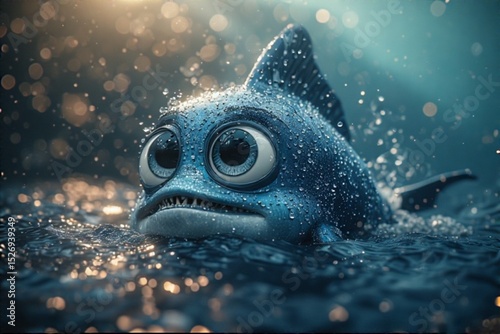 fish in aquariumThe image depicts a blue fish with large, expressive eyes and a slightly grumpy expression, seemingly emerging from the water. The fish's body is covered in water droplets, creating a  photo
