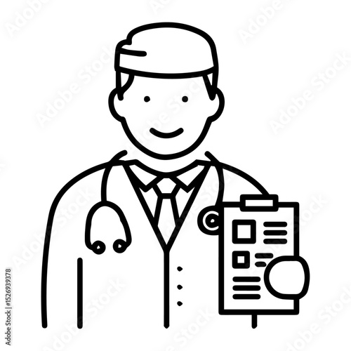 Professional Doctor Illustration  A Friendly Physician Holding Medical Chart, Perfect for Healthcare Websites, Blogs, and Presentations.  High-Quality Line Art Graphic for Medical Professionals