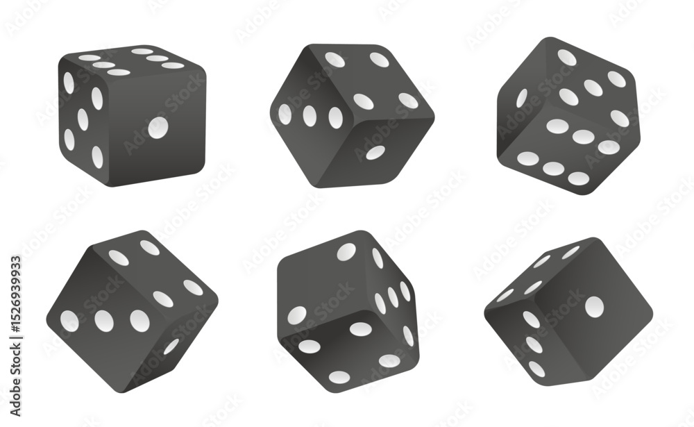 Rolling dice. Black cubes with white dots for gamble game, top view dice sides and 3D angles. Realistic vector craps. Dice cube play illustration Rolling dice. Black cubes with white dots for gamble game, top view dice sides and 3D angles. Realistic vector craps. Dice cube play illustration
