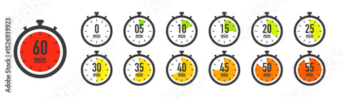 Timer, clock stopwatch icon set with 5 minutes gap. 5, 10, 15, 20, 25, 30, 35, 40, 45, 50, 55, and 60 minutes. Countdown timer vector illustration