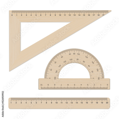 Wooden ruler vector mockup set. Wood protractor, triangle and straight ruler scale. School measuring equipment tool