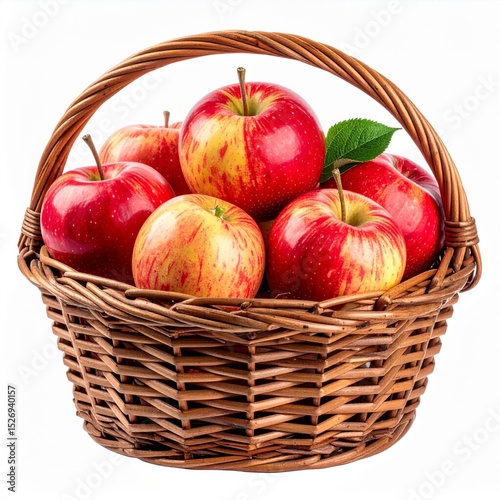 Red Apples in Brown Wicker Basket on White Background